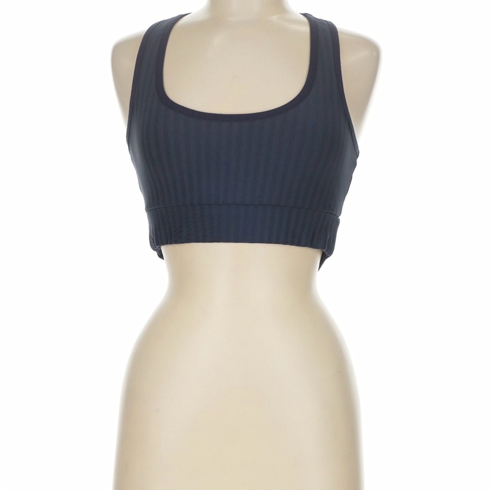 Beyond Yoga Navy Blue Striped Longline Sports Bra with Cutout (Medium)